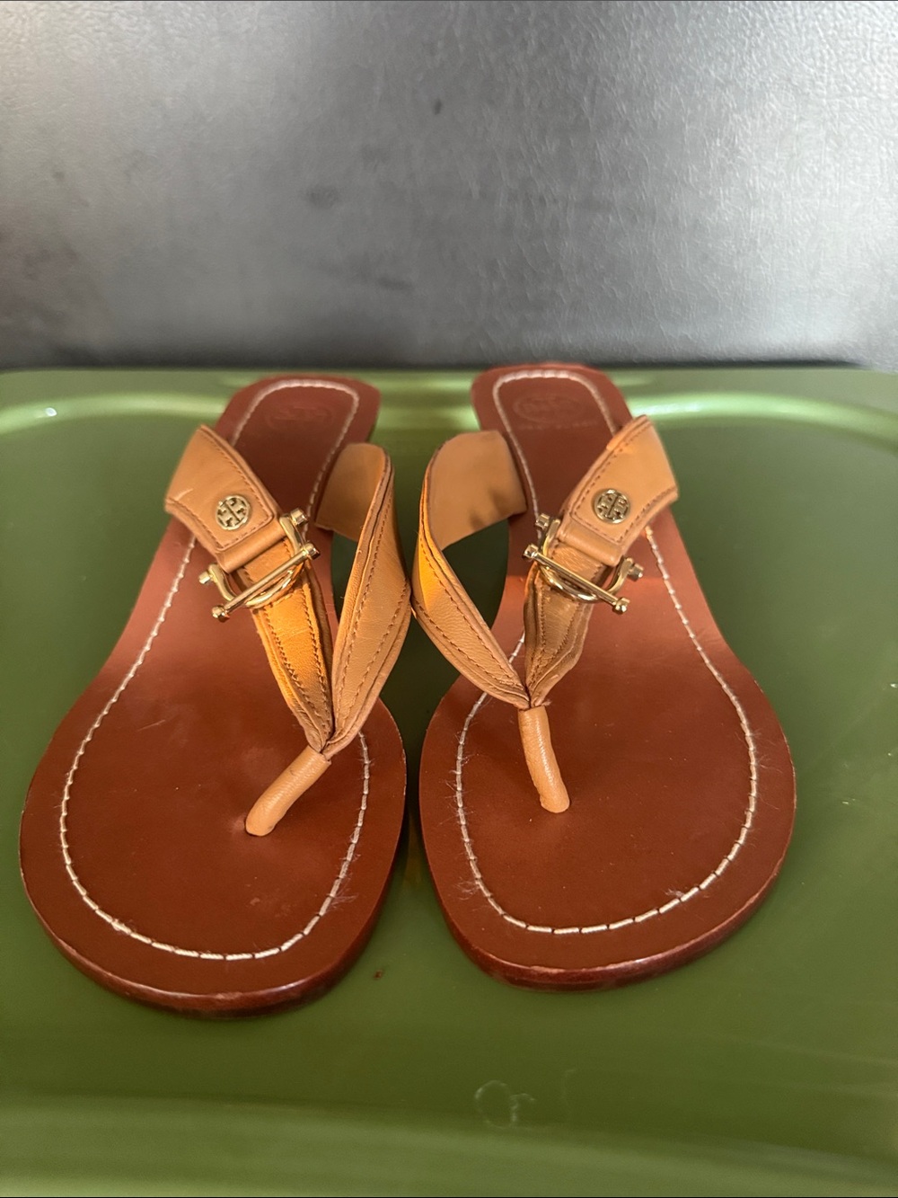 Tory Burch Tan Leather Thong Sandals with Gold Logo Hardware